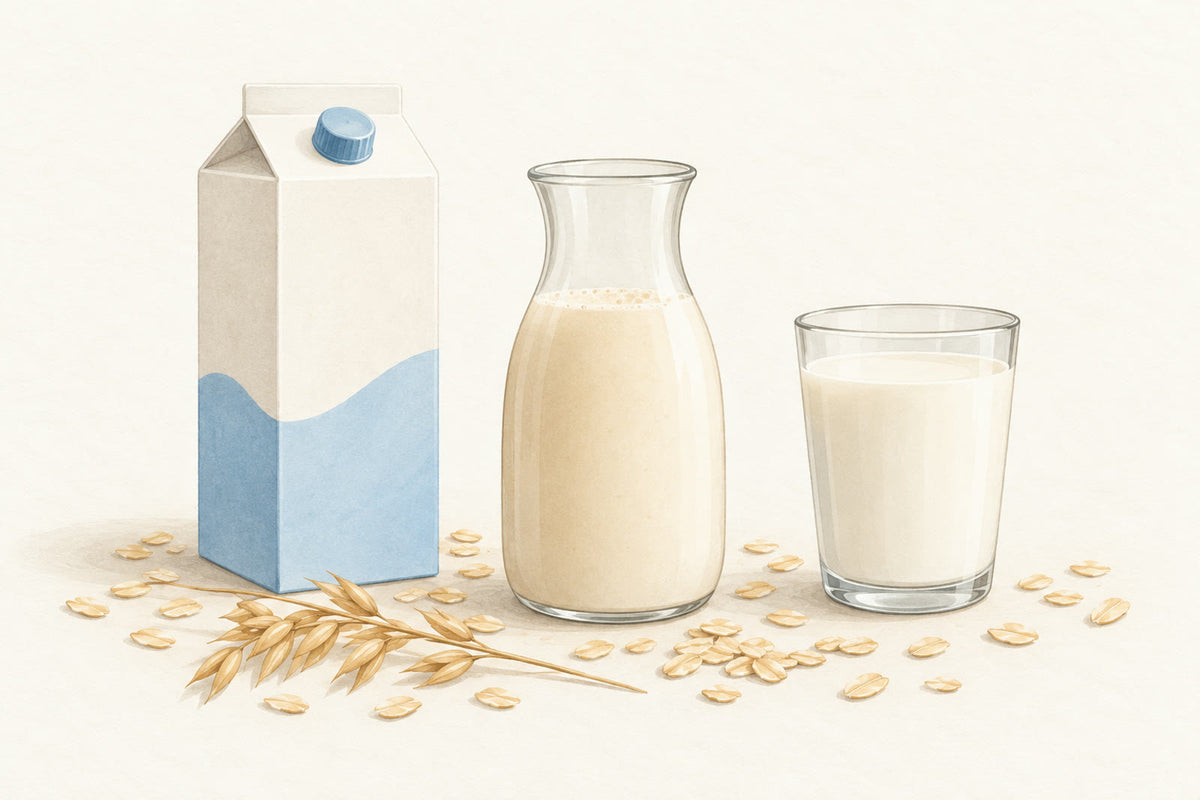 Illustratie: een pak havermelk, een kan zelfgemaakte havermelk en een glas koemelk, met havervlokken