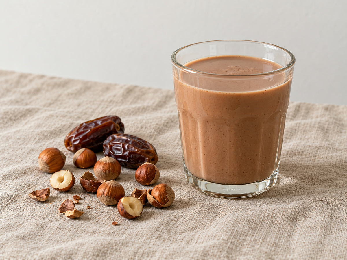 Een glas choco-hazelnootmelk met hazelnoten en dadels