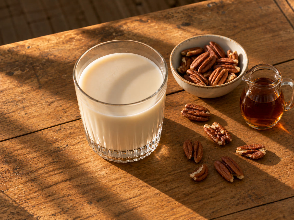 Een glas zelfgemaakte pecanmelk met pecannoten en ahornsiroop